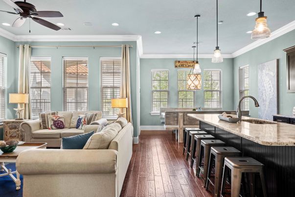 Interior, Kitchen, Living room, Pendant Lights, Recessed Lighting, Wood Texture Flooring