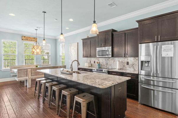 Dining room, Interior, Kitchen, Pendant Lights, Recessed Lighting, Stainless Steel Appliances, Wood Texture Flooring