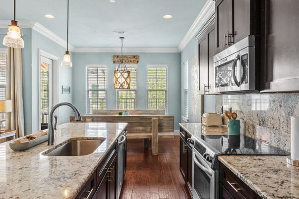Interior, Kitchen, Pendant Lights, Recessed Lighting, Wood Texture Flooring