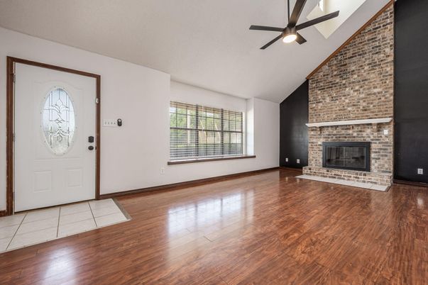 Empty room, Fireplace, Interior, Stone Walls, Wood Texture Flooring