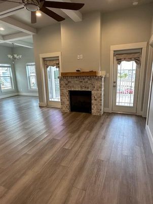 Empty room, Fireplace, Interior, Recessed Lighting, Wood Texture Flooring