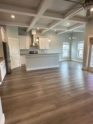 Chandelier, Empty room, Interior, Kitchen, Pendant Lights, Recessed Lighting, Wood Texture Flooring