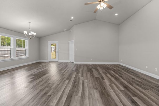 Chandelier, Empty room, Interior, Recessed Lighting, Wood Texture Flooring