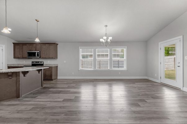 Chandelier, Empty room, Interior, Kitchen, Pendant Lights, Stainless Steel Appliances, Wood Texture Flooring