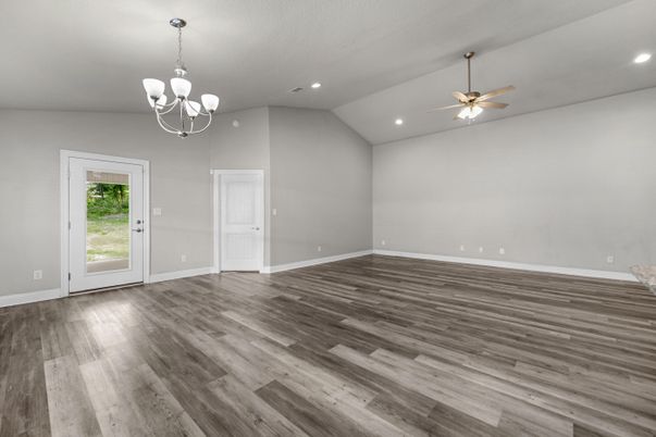 Chandelier, Empty room, Interior, Recessed Lighting, Wood Texture Flooring