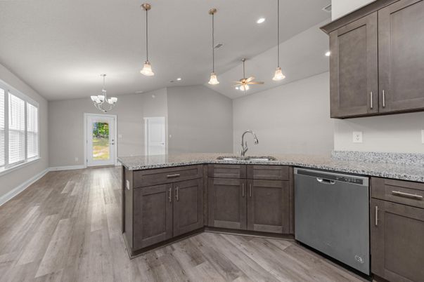 Chandelier, Interior, Kitchen, Pendant Lights, Recessed Lighting, Wood Texture Flooring