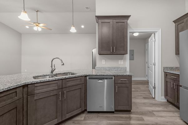 Interior, Kitchen, Pendant Lights, Recessed Lighting, Wood Texture Flooring