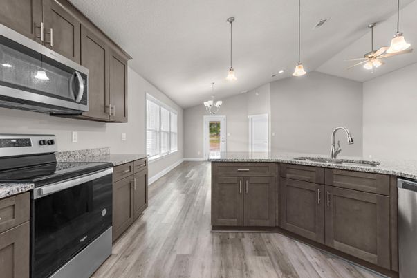 Chandelier, Interior, Kitchen, Pendant Lights, Recessed Lighting, Wood Texture Flooring