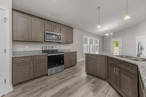 Chandelier, Interior, Kitchen, Pendant Lights, Stainless Steel Appliances, Wood Texture Flooring