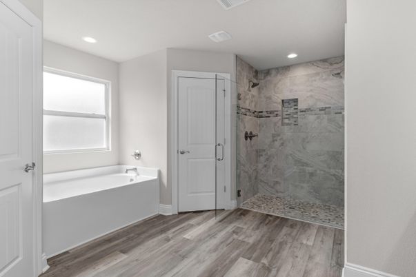 Bathroom, Glass Shower, Interior, Marble Walls, Recessed Lighting, Wood Texture Flooring