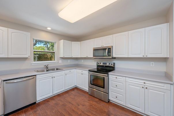 Interior, Kitchen, Recessed Lighting, Stainless Steel Appliances, Wood Texture Flooring