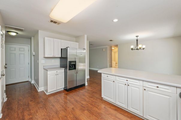 Chandelier, Interior, Kitchen, Recessed Lighting, Stainless Steel Appliances, Wood Texture Flooring