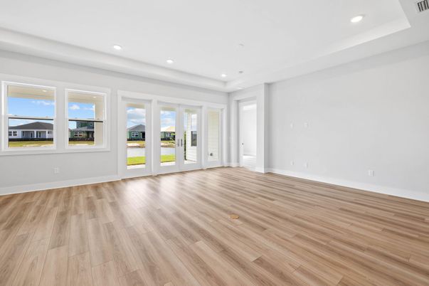 Empty room, Interior, Recessed Lighting, Wood Texture Flooring