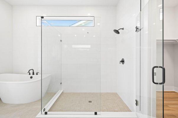 Bathroom, Free Standing Baths, Glass Shower, Interior, Recessed Lighting, Wood Texture Flooring