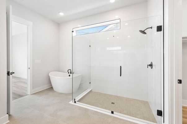 Bathroom, Free Standing Baths, Glass Shower, Interior, Recessed Lighting