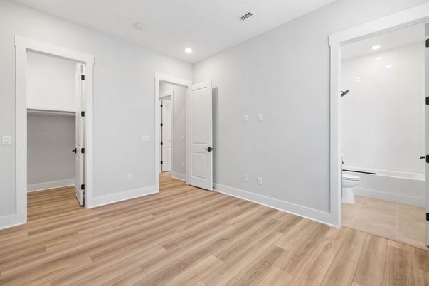 Bathroom, Empty room, Interior, Recessed Lighting, Wood Texture Flooring