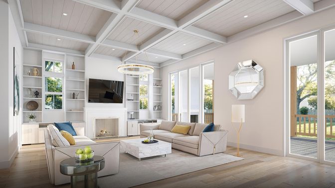 Fireplace, Interior, Living room, Recessed Lighting, Wooden Ceilings, Wood Texture Flooring