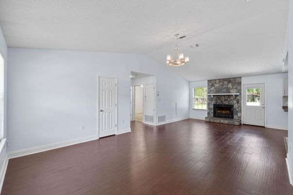 Chandelier, Empty room, Fireplace, Interior, Wood Texture Flooring