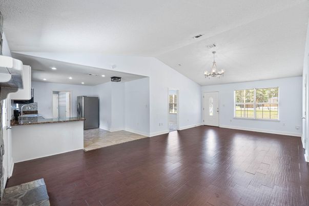Chandelier, Empty room, Interior, Kitchen, Recessed Lighting, Wood Texture Flooring
