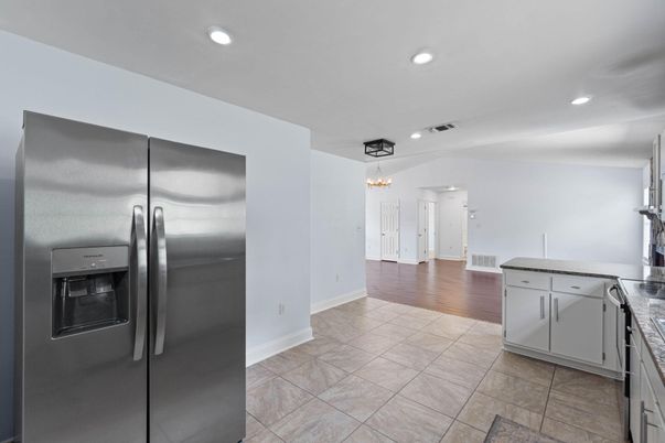 Chandelier, Interior, Kitchen, Recessed Lighting, Stainless Steel Appliances, Wood Texture Flooring