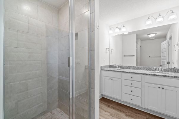 Bathroom, Glass Shower, Interior, Wood Texture Flooring