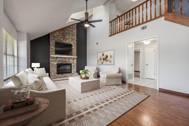 Fireplace, Interior, Living room, Stone Walls, Wood Texture Flooring