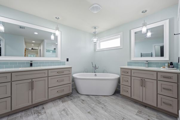 Bathroom, Dual Sink Vanities, Free Standing Baths, Interior, Pendant Lights, Recessed Lighting, Wood Texture Flooring
