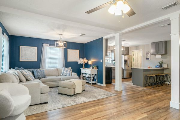 Interior, Kitchen, Living room, Pendant Lights, Wood Texture Flooring