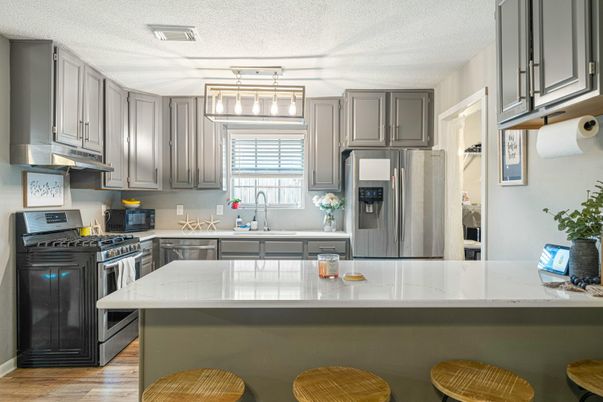 Interior, Kitchen, Pendant Lights, Stainless Steel Appliances, Wood Texture Flooring