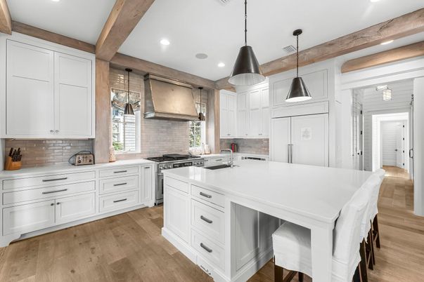 Interior, Kitchen, Pendant Lights, Recessed Lighting, Stainless Steel Appliances, Wooden Beams, Wood Texture Flooring