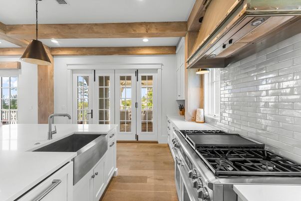 Interior, Kitchen, Pendant Lights, Recessed Lighting, Stainless Steel Appliances, Wooden Beams, Wood Texture Flooring