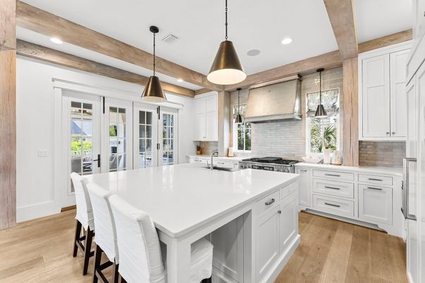 Interior, Kitchen, Pendant Lights, Recessed Lighting, Stainless Steel Appliances, Wooden Beams, Wood Texture Flooring