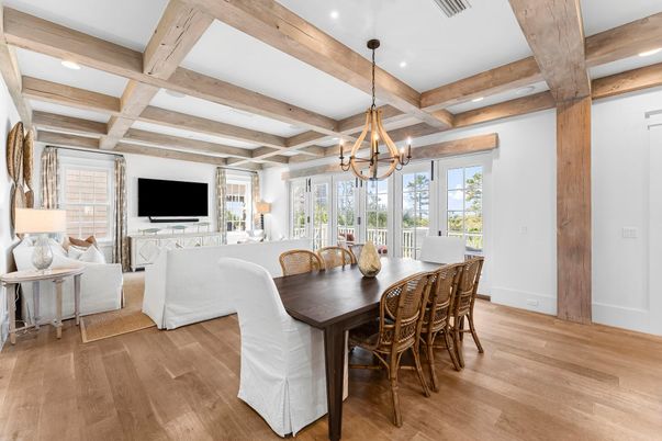 Chandelier, Dining room, Interior, Living room, Pendant Lights, Recessed Lighting, Wooden Beams, Wood Texture Flooring