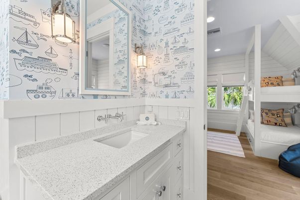 Bathroom, Interior, Pendant Lights, Recessed Lighting, Wood Texture Flooring