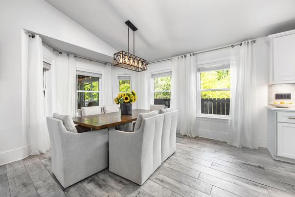 Dining room, Interior, Pendant Lights, Wood Texture Flooring