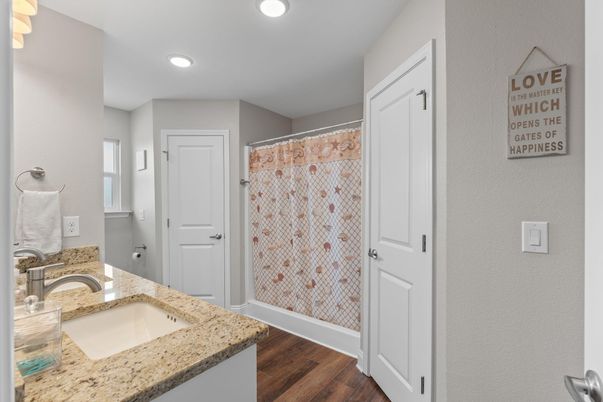 Bathroom, Interior, Recessed Lighting, Wood Texture Flooring