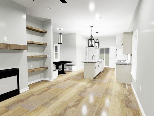 Interior, Kitchen, Pendant Lights, Recessed Lighting, Wood Texture Flooring
