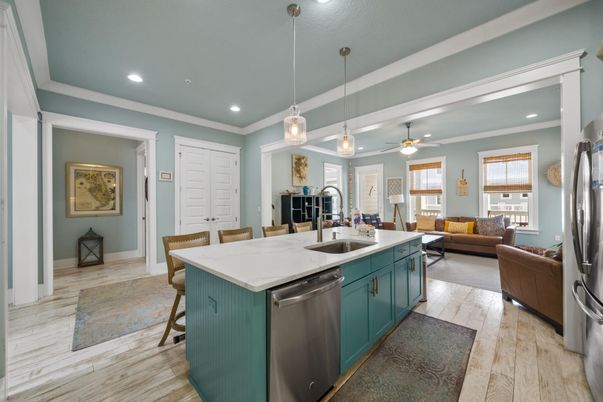 Interior, Kitchen, Living room, Pendant Lights, Recessed Lighting, Stainless Steel Appliances, Wood Texture Flooring