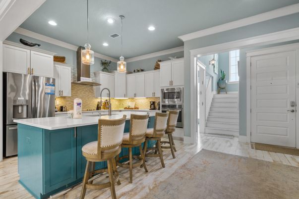 Interior, Kitchen, Marble, Pendant Lights, Recessed Lighting, Stainless Steel Appliances