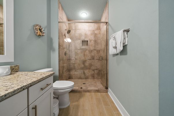 Bathroom, Glass Shower, Interior, Recessed Lighting, Wood Texture Flooring
