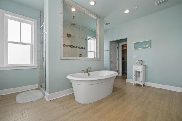 Bathroom, Free Standing Baths, Glass Shower, Interior, Recessed Lighting, Wood Texture Flooring