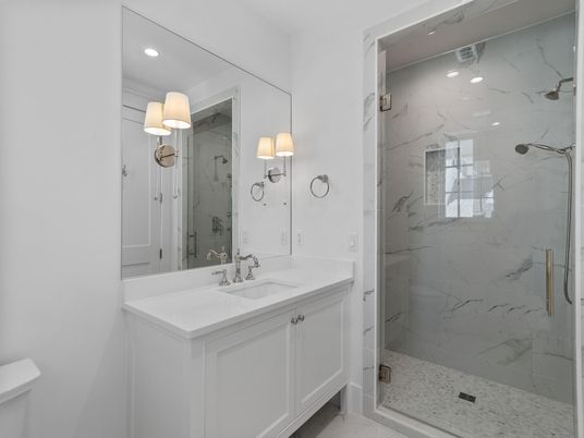 Bathroom, Glass Shower, Interior, Marble Walls, Recessed Lighting