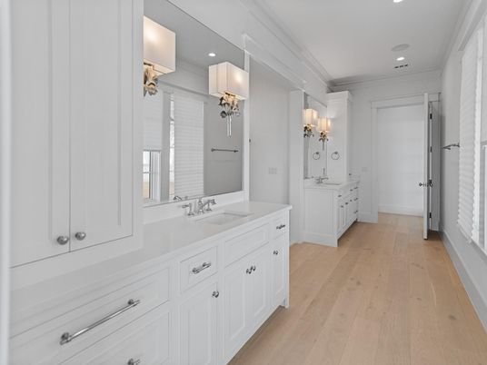 Bathroom, Dual Sink Vanities, Interior, Recessed Lighting, Wood Texture Flooring