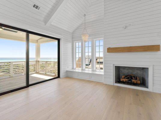 Empty room, Fireplace, Interior, Pendant Lights, Water, Wood Texture Flooring