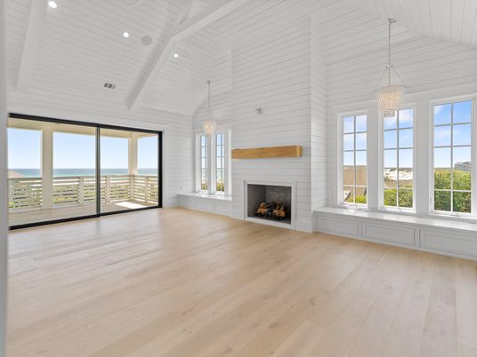 Empty room, Fireplace, Interior, Pendant Lights, Recessed Lighting, Water, Wood Texture Flooring