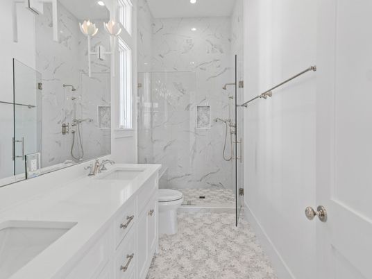 Bathroom, Glass Shower, Interior, Marble Walls, Recessed Lighting