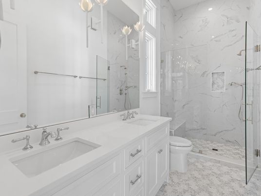 Bathroom, Dual Sink Vanities, Glass Shower, Interior, Marble, Marble Walls, Recessed Lighting