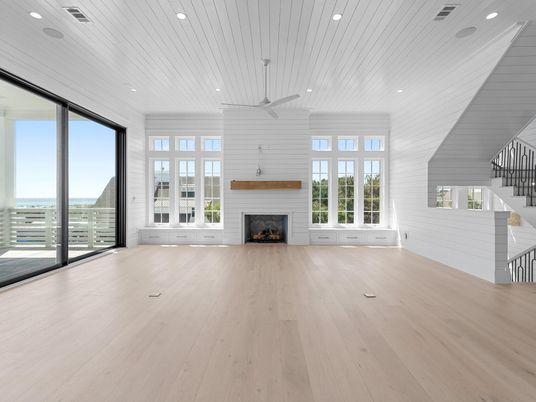 Empty room, Fireplace, Interior, Recessed Lighting, Wood Texture Flooring