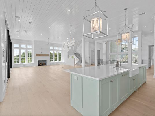 Chandelier, Fireplace, Interior, Kitchen, Pendant Lights, Recessed Lighting, Wood Texture Flooring
