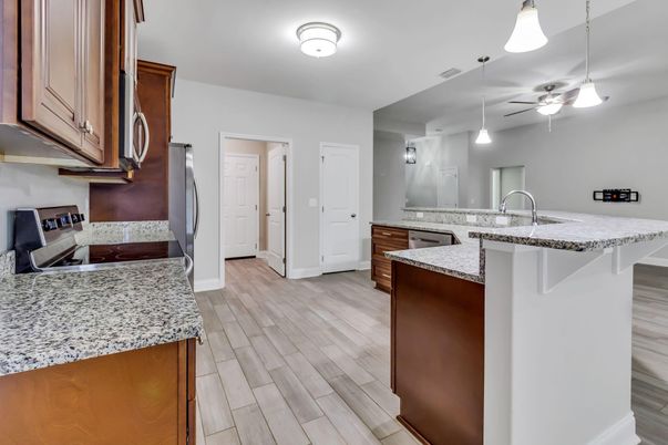 Interior, Kitchen, Pendant Lights, Wood Texture Flooring